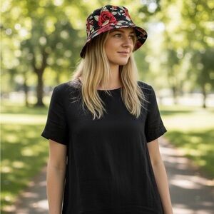 Floral Bucket Hat in Black with Red Rose Print